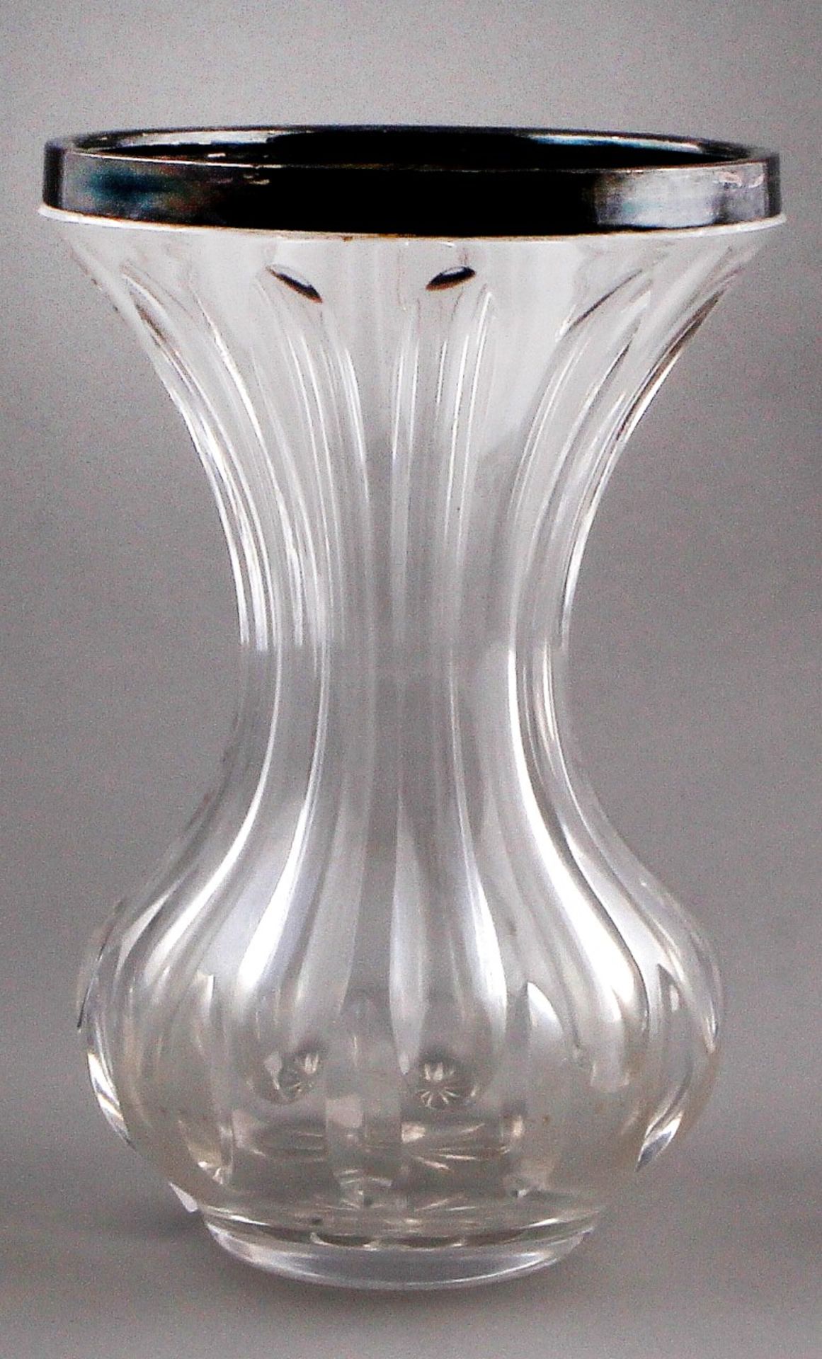 Crystal vase with silver border, 925/000, German. Crystal vase with bulging belly and flared rim