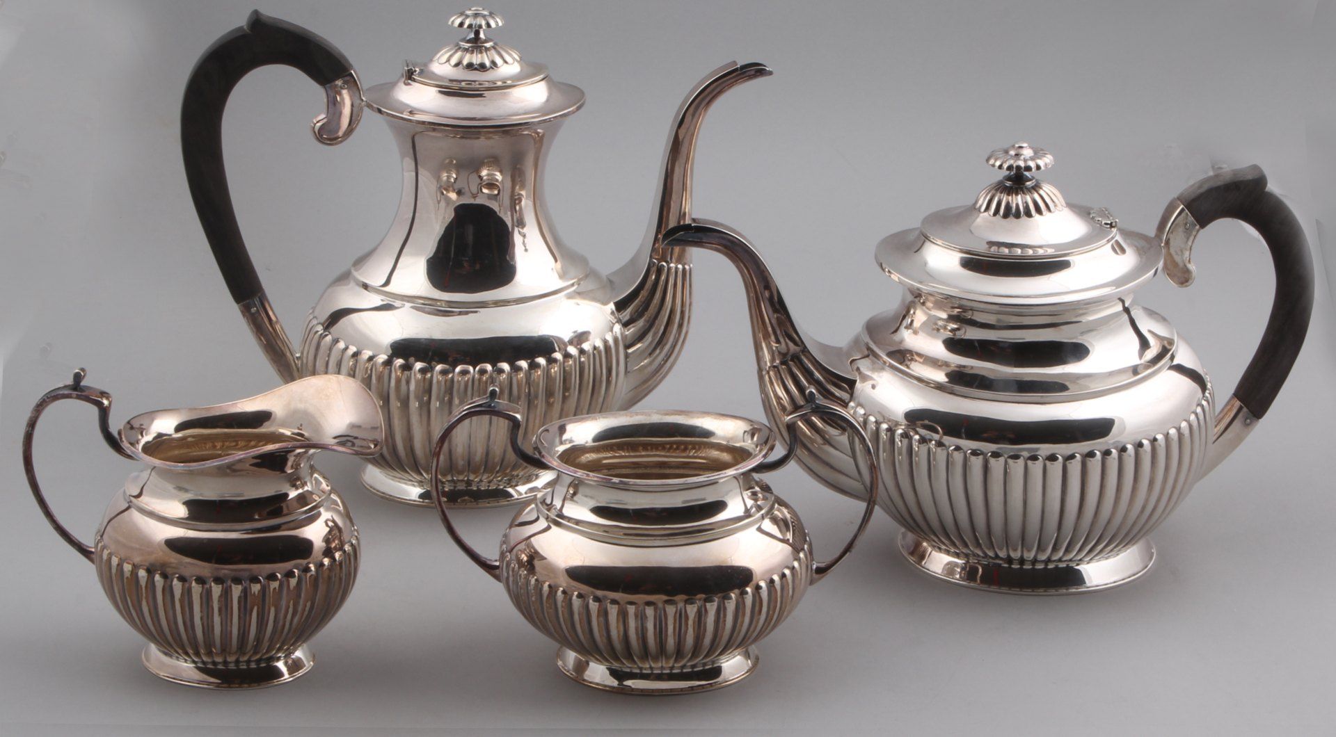 Beautiful silver tea, mocha service, 835/000. Tableware in an oval shape with a ribbed pattern, with