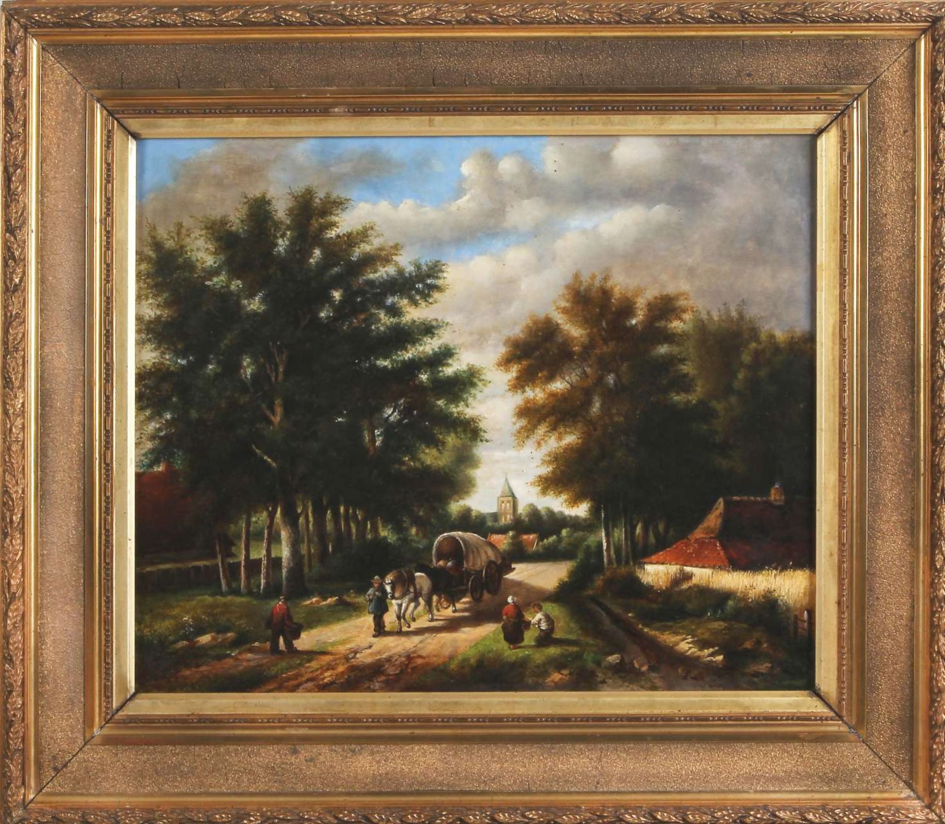 Monogram in 1875, pendant, two landscapes by horse and chariots and figures, oil on panel 35x45cm. - Image 2 of 2