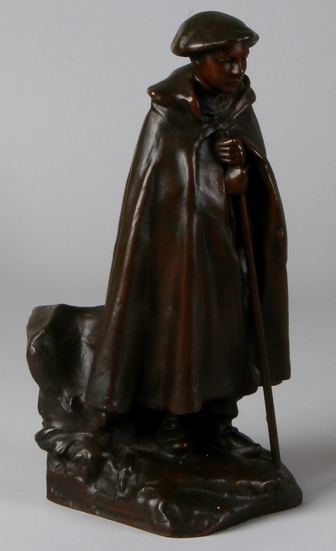 Antique bronze figure from around 1900 depicting a shepherd with jacket by J. Mengue, Jean Marie