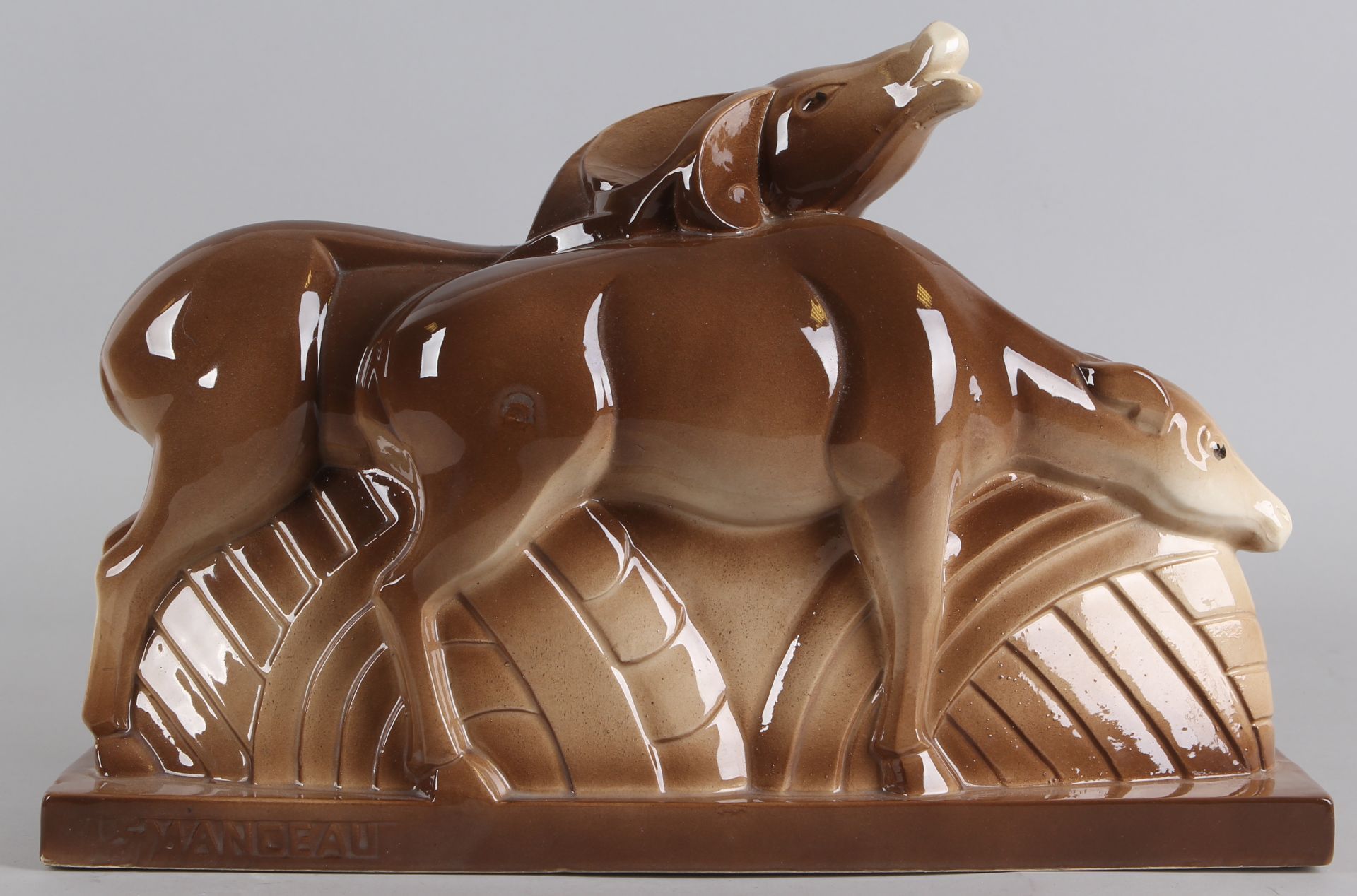 Large Art Deco ceramics picture, horse and calf 1930s, le manceau, minimal chip, 31x45x11cm. Cond: G