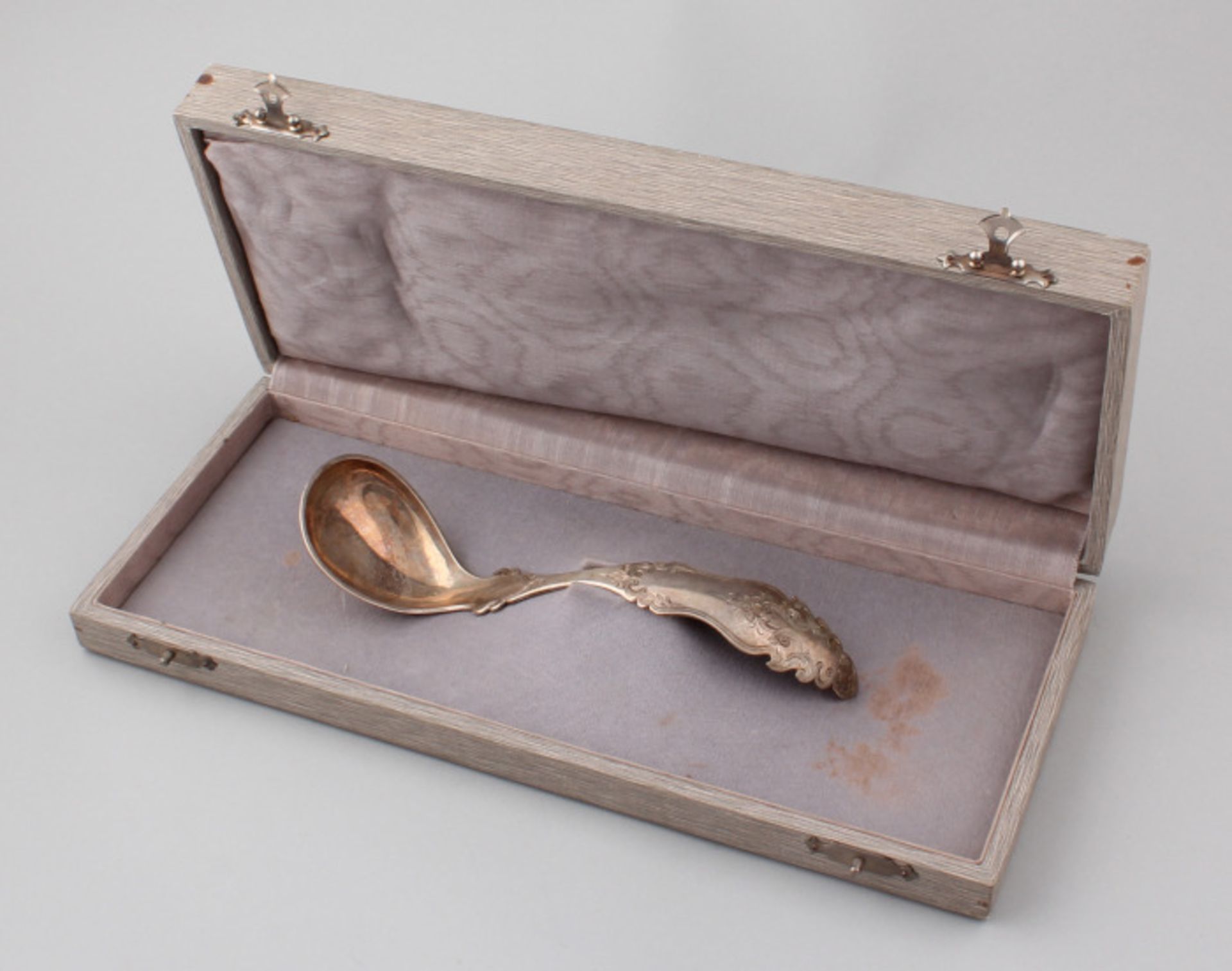 Ornate beautifully crafted silver compote spoon, 835/000, Hollands, in box. Generous compote spoon