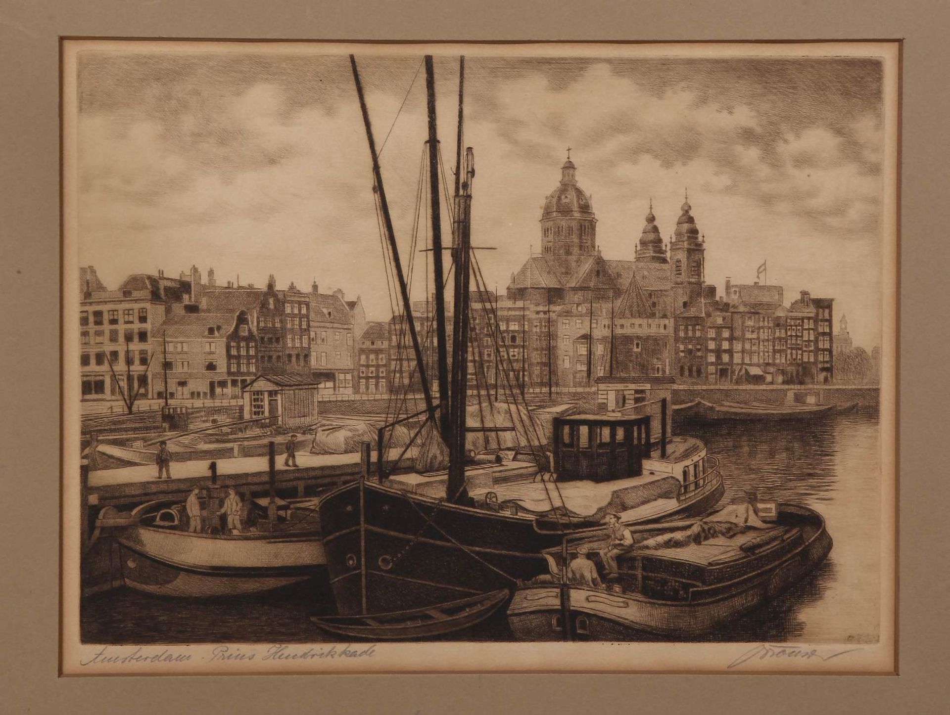Brouwer etching about 1930, Prince Hendrik quay Amsterdam, etching on paper 30x22cm Cond: G