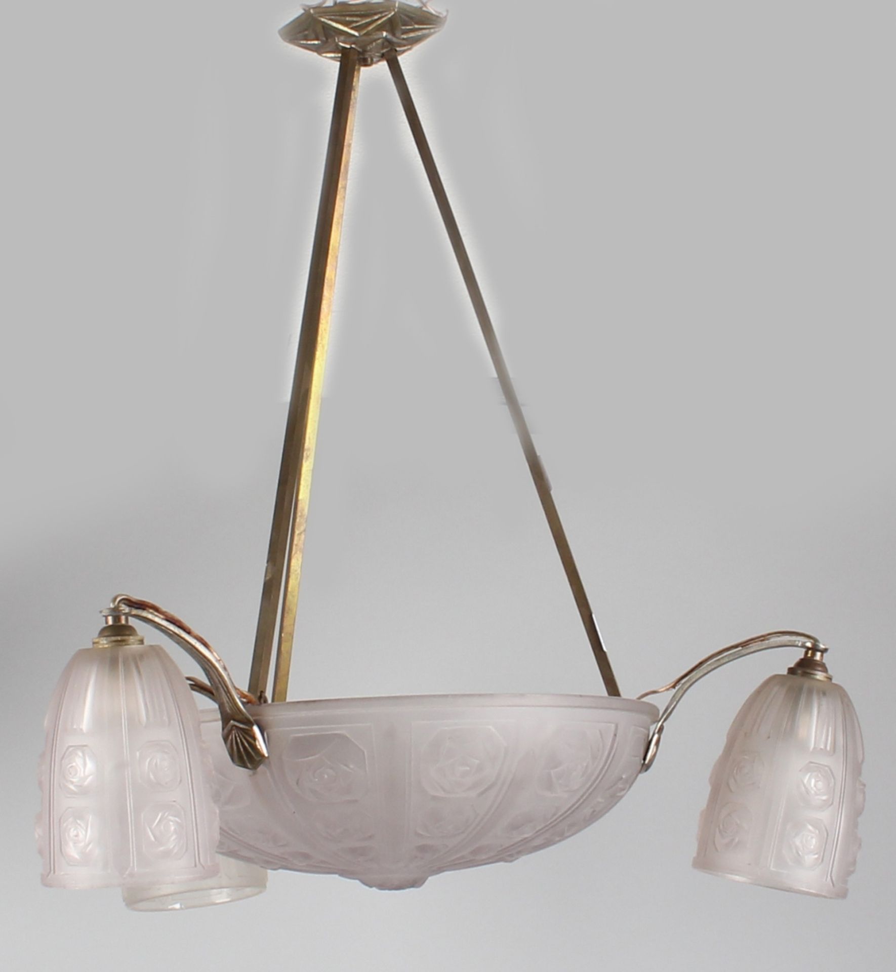 French Art Nouveau brass lamp with frosted glass, pink decor, marked SEVB 256 France 58x50cm