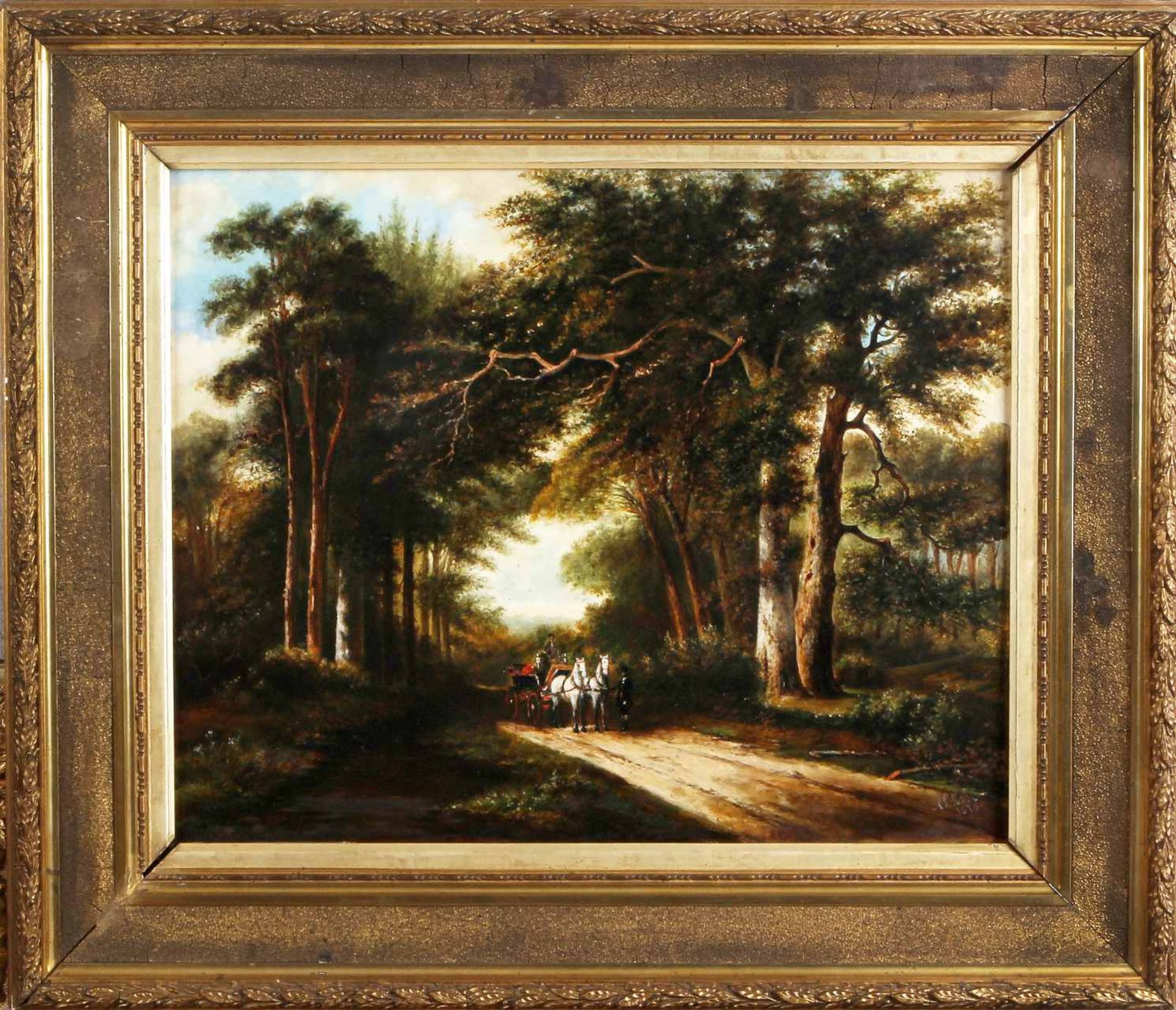 Monogram in 1875, pendant, two landscapes by horse and chariots and figures, oil on panel 35x45cm.