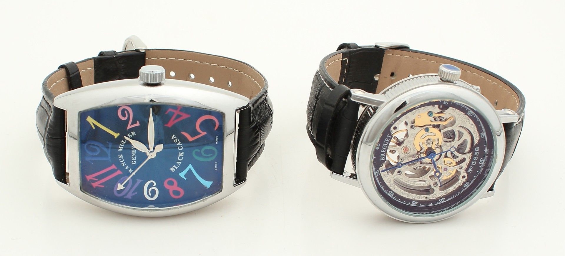 Two mechanical watch. A round and an oblong model, steel black leather strap. as new Zwei