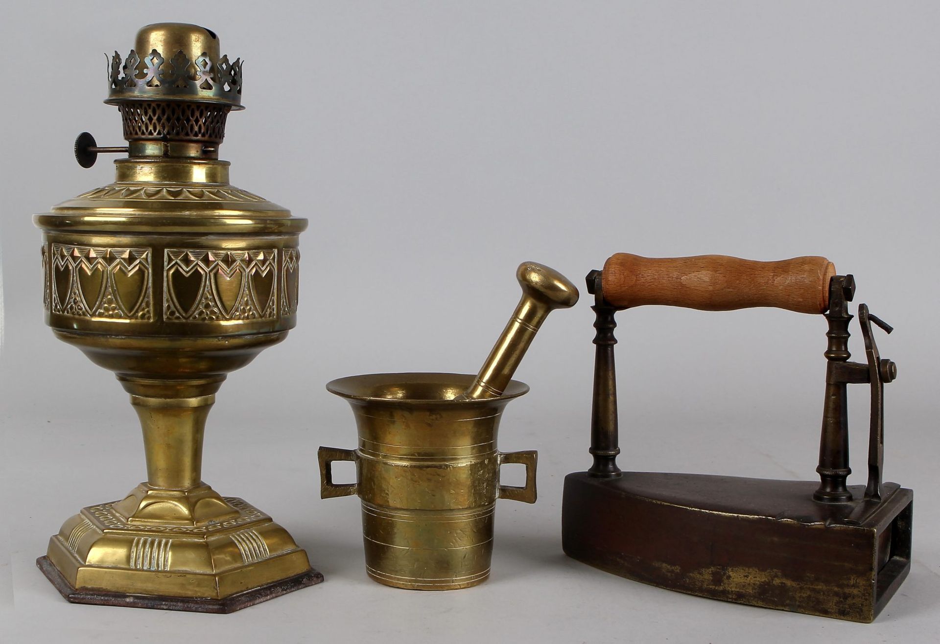 Three parts antique brassware 19th century, brass paraffin lamp circa 1900, copper iron, Biedermeier