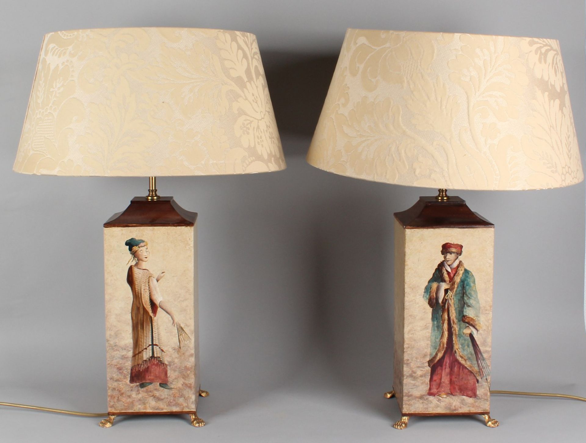 Two metal painted table lamps with Russian husband and wife, 2nd half of 20th century, with cover,