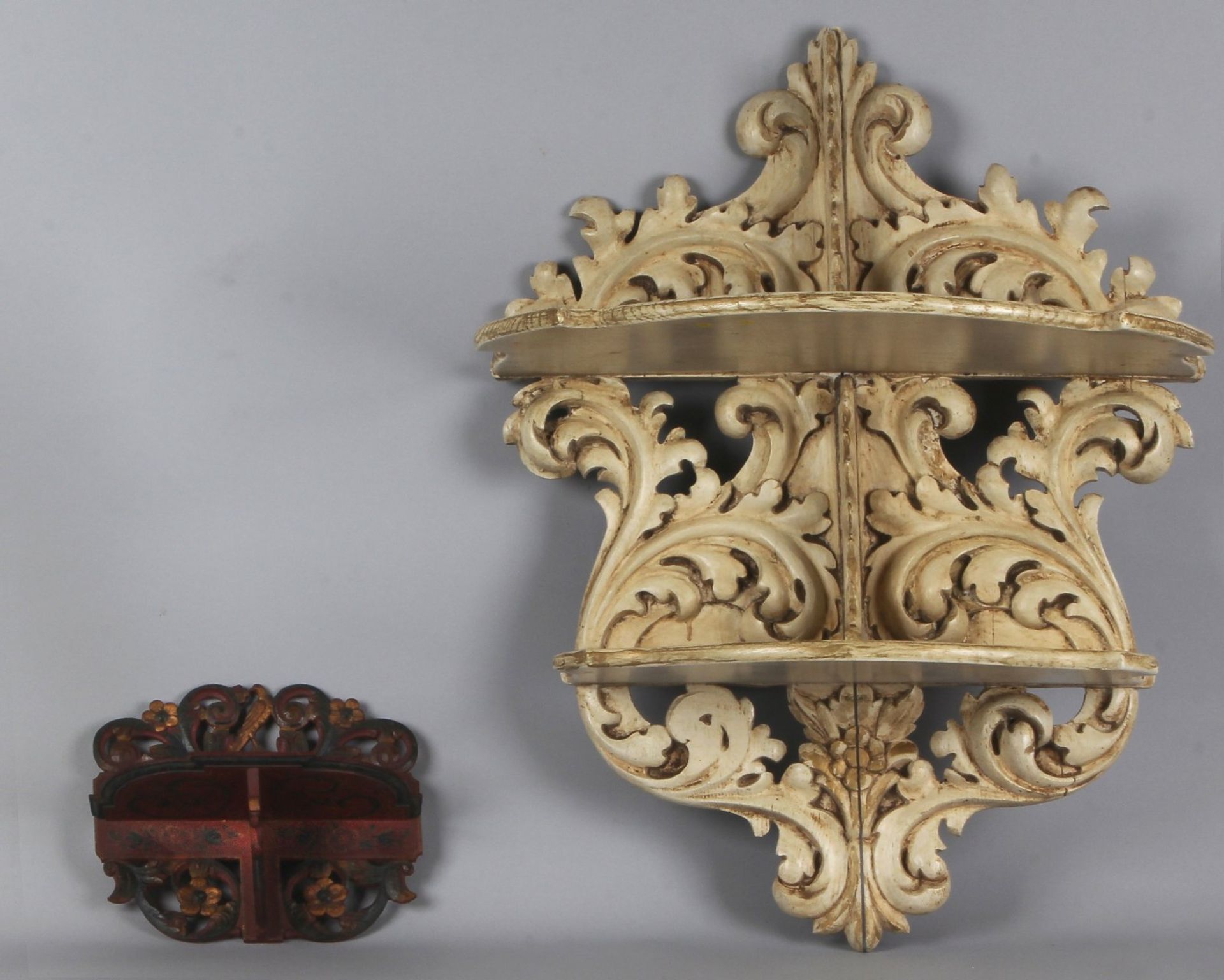 Two 19th-century oak inserted shelves, once painted white, once original polychrome 28-70cm. Cond: G