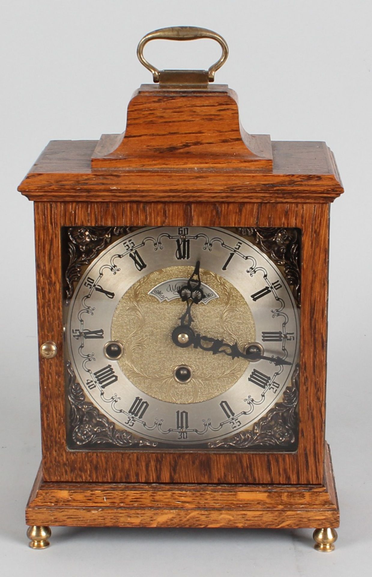 WUBA Westminster oak table clock with quarter striking 5-gong rods in good condition 31.5 cm wide