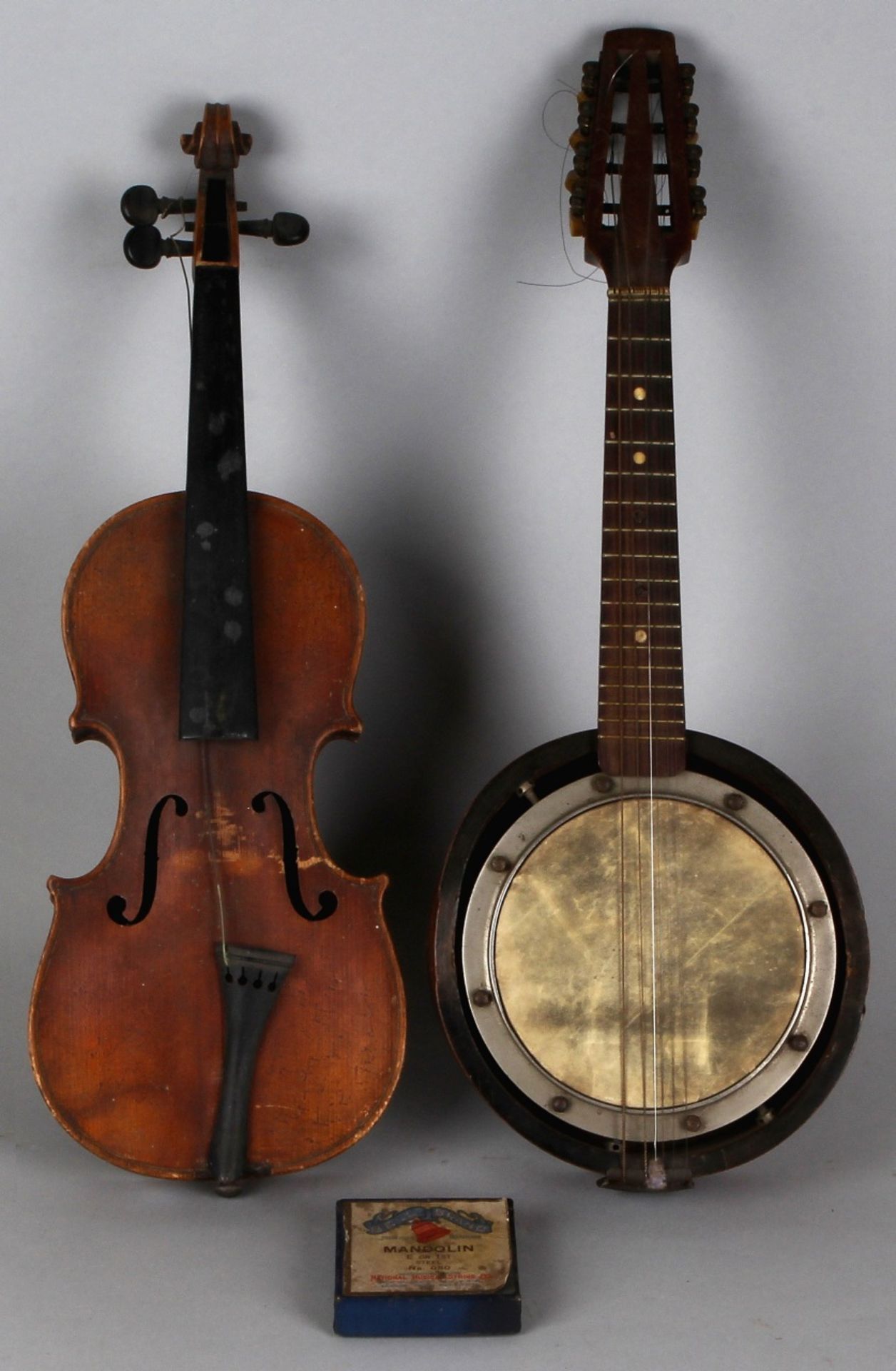 Two antique musical instruments, violin about 1900, missing strings, banjo, mahogany wardrobe, fog