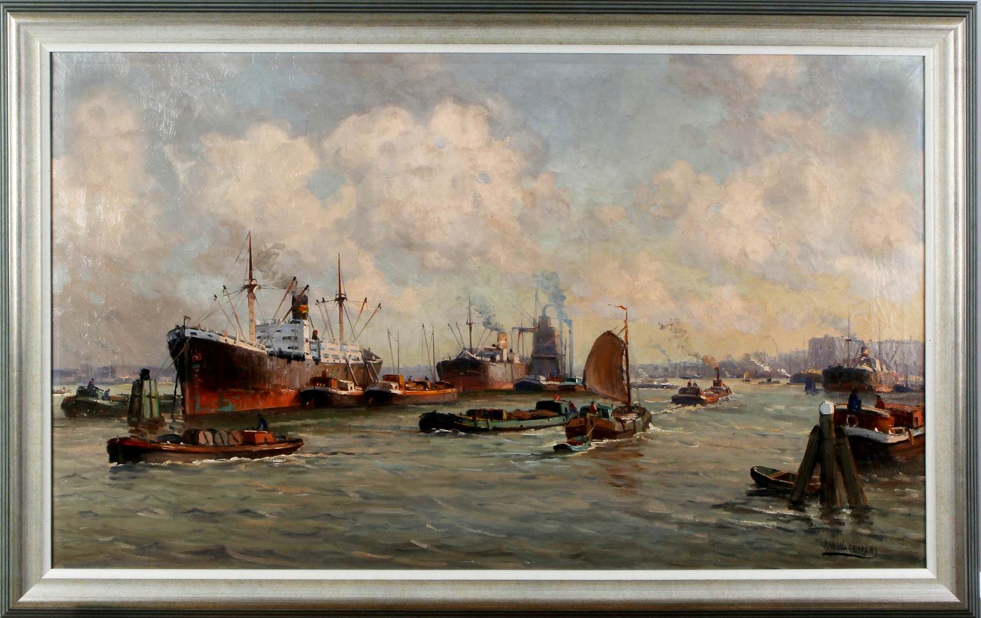 PJA Wagemans 1879-1955 Hague, Rotterdam harbor (crackle) oil on canvas 100x60cm. Cond: R PJA