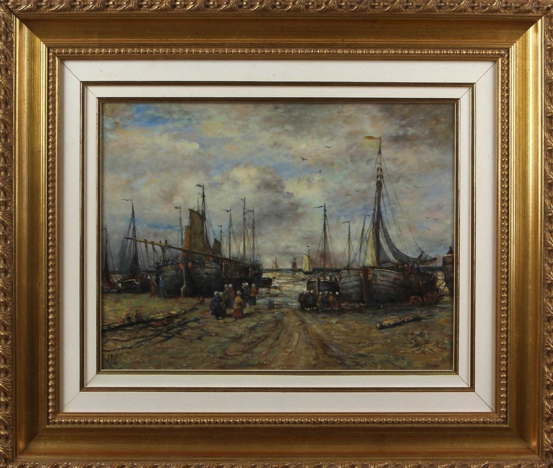 Monogram JMB, Dutch beach scene with fishing boats and figures on panel 40x30cm.Cond: G Monogramm