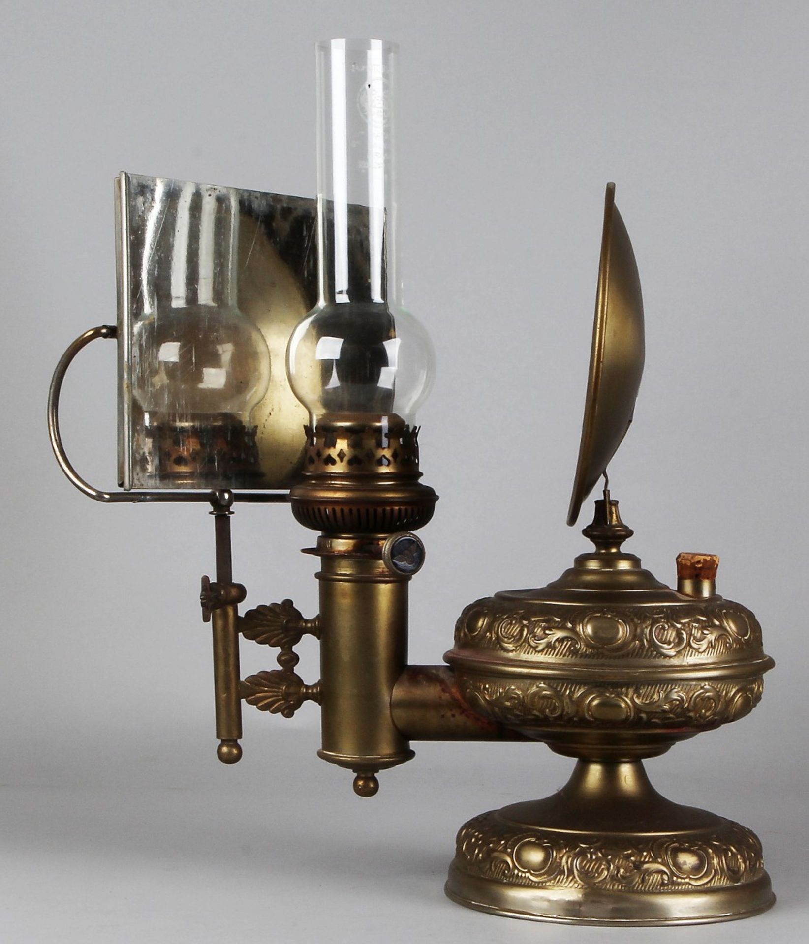 Antique kerosene lamp circa 1880 (candlestick) with mirror (broken) apart model 43x29x22cm. Cond;