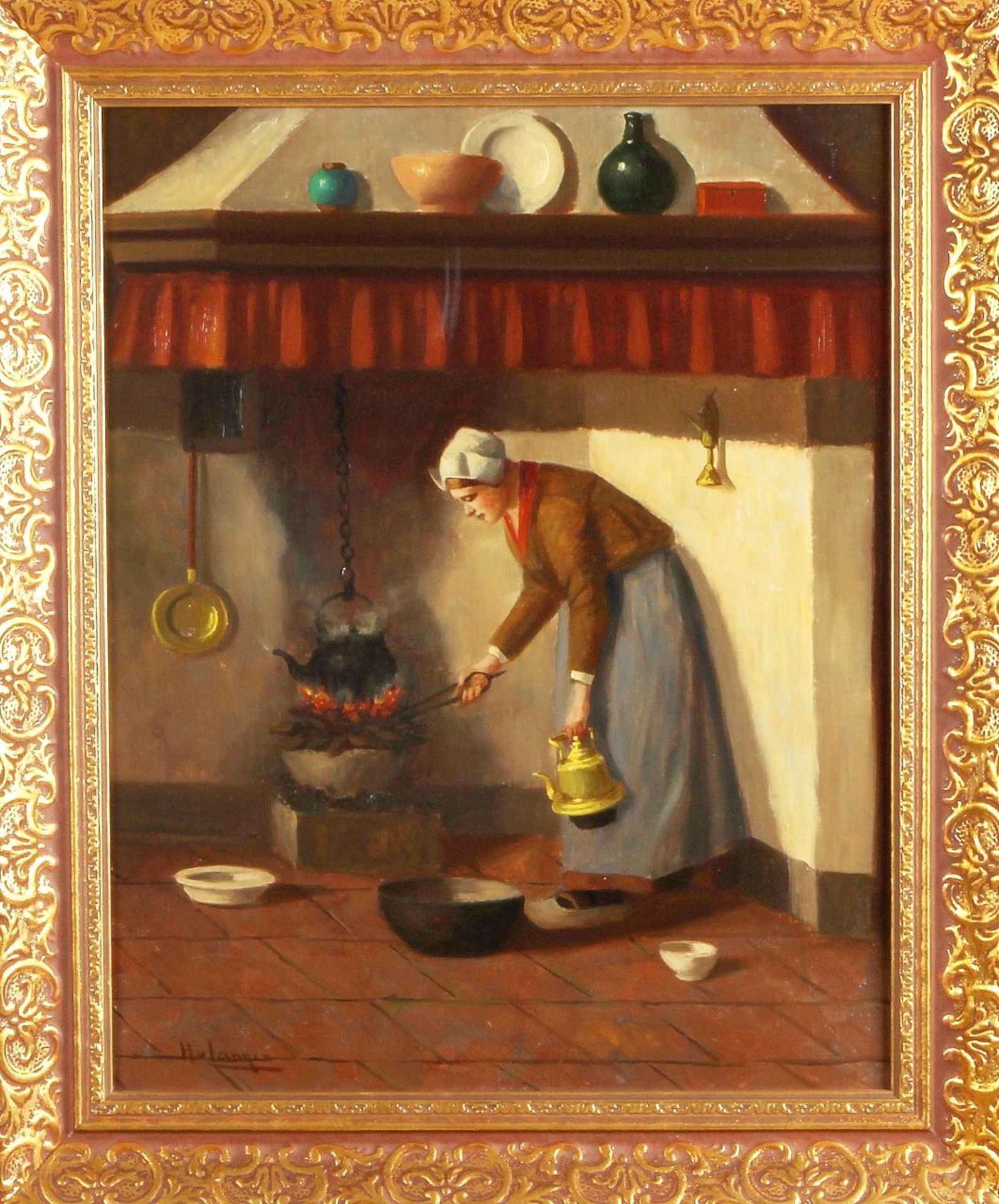 Hendrikus van Langen 1874-1964, peasant woman with fireplace, oil on canvas 50x40cm. Cond: G