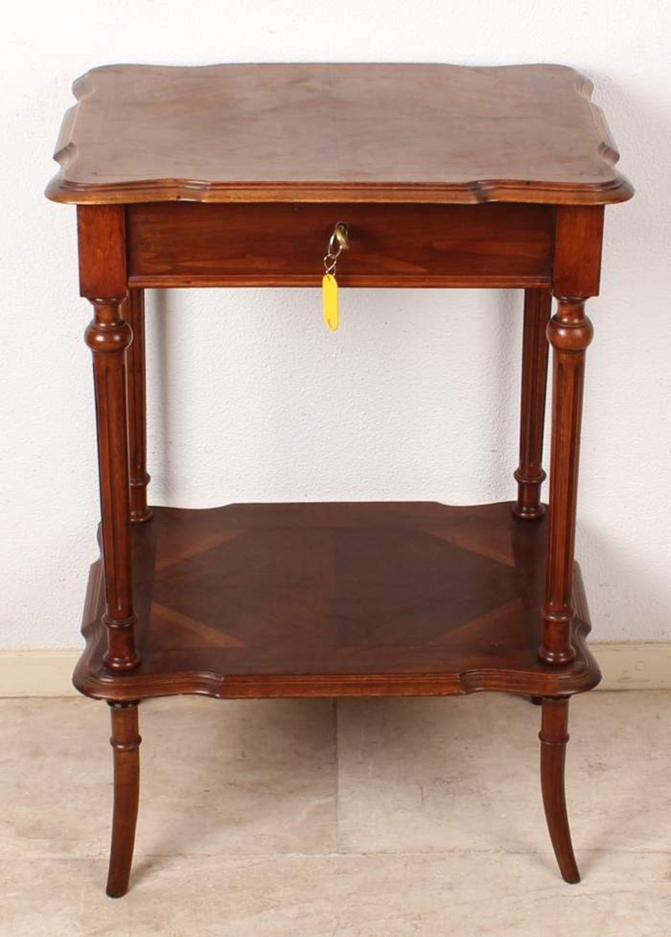 Antique walnut Louis Philippe sewing table with floor around 1870 scalloped blade with
