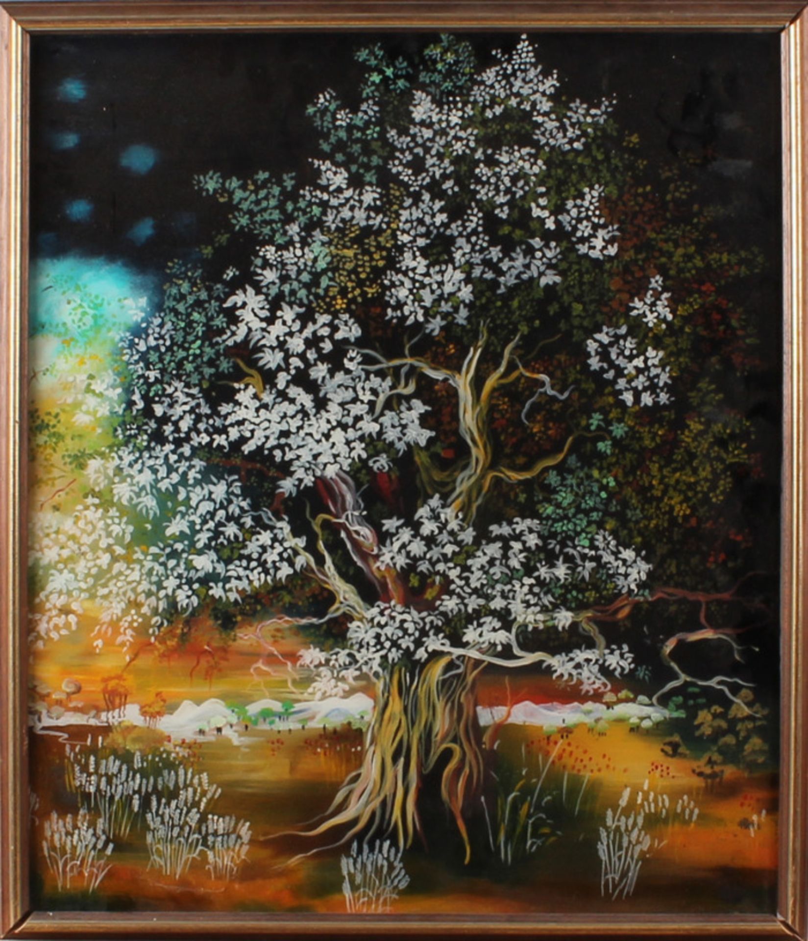 Achtergals painting, tree with blossoms (Russian?)50x60cm Cond; G Achtergals Malerei, Baum mit