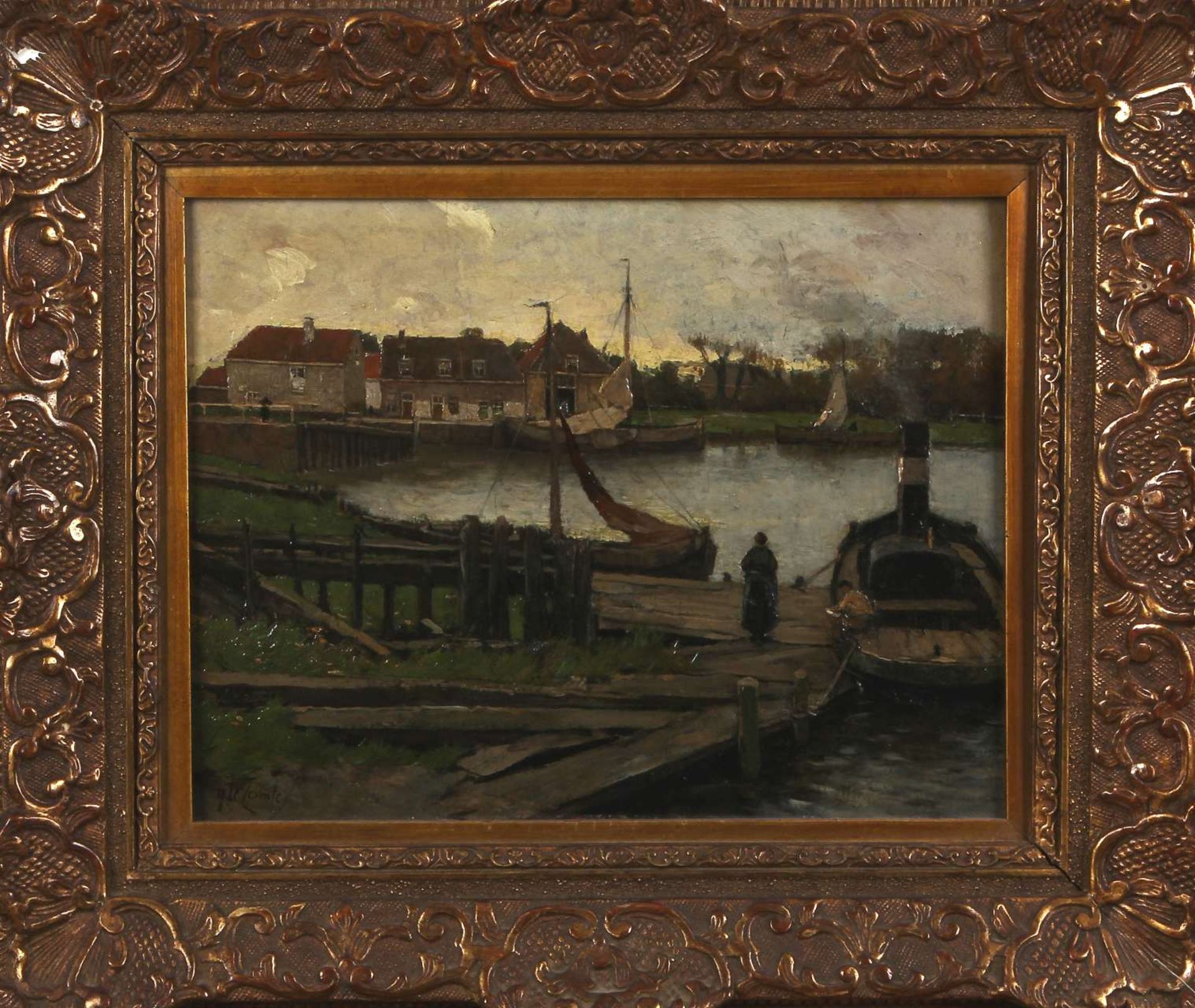 Adolf le Comte, 1850-1921 Belgian school, port face with steamer and figure, oil on canvas, 29x23cm.