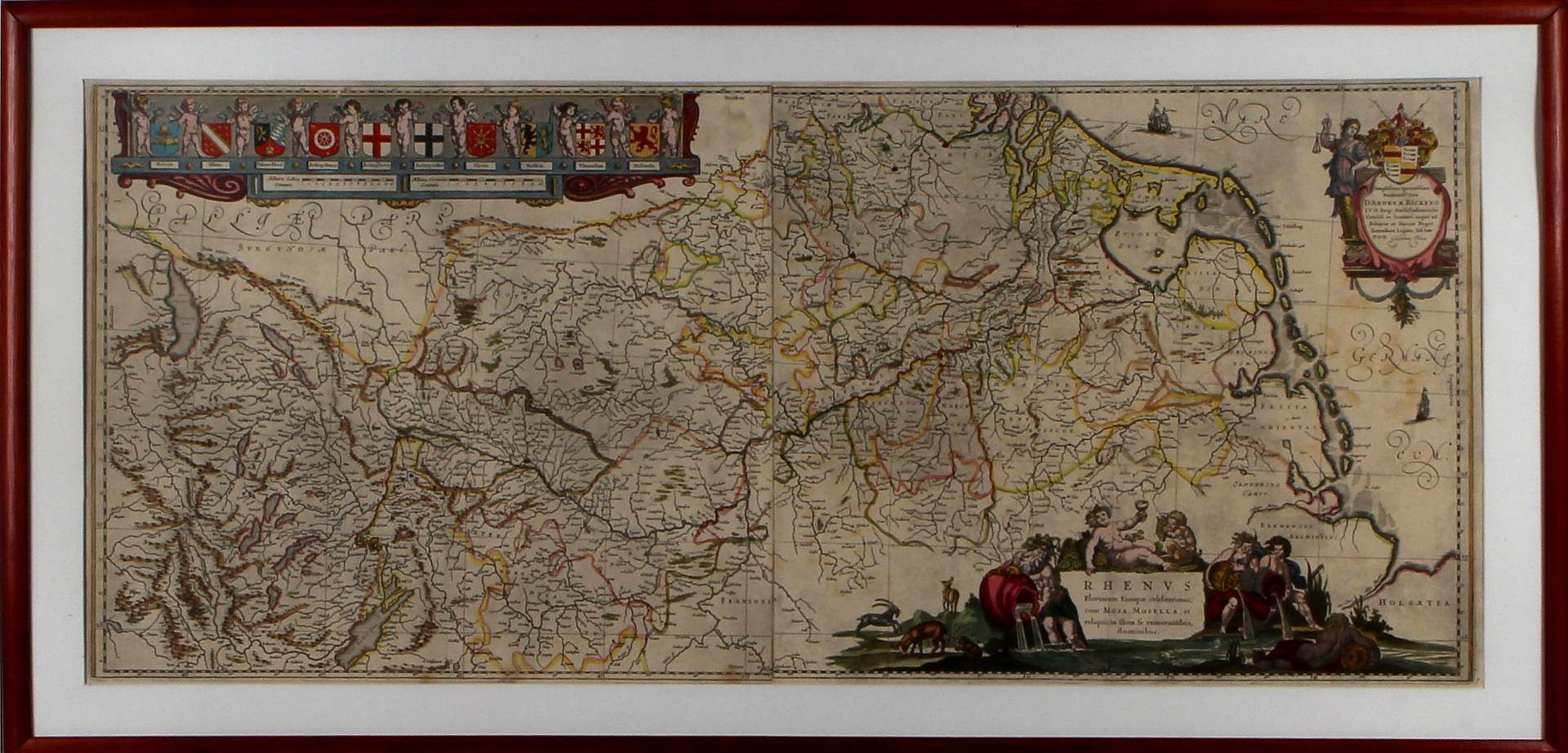 Large 17th / 18th century map by Rhenus juijelmus Blaeu, D. Andreae AE Bickero, colored engraving on