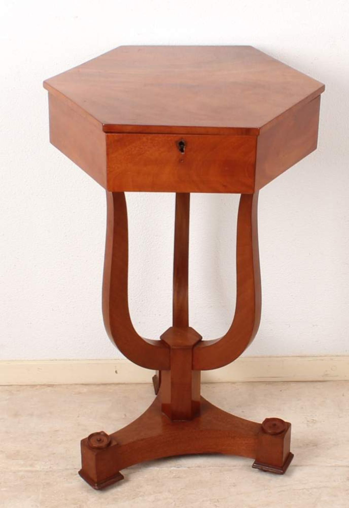 Antique German Biedermeier style sewing table with 6 angled sewing area around 1900, mahogany,