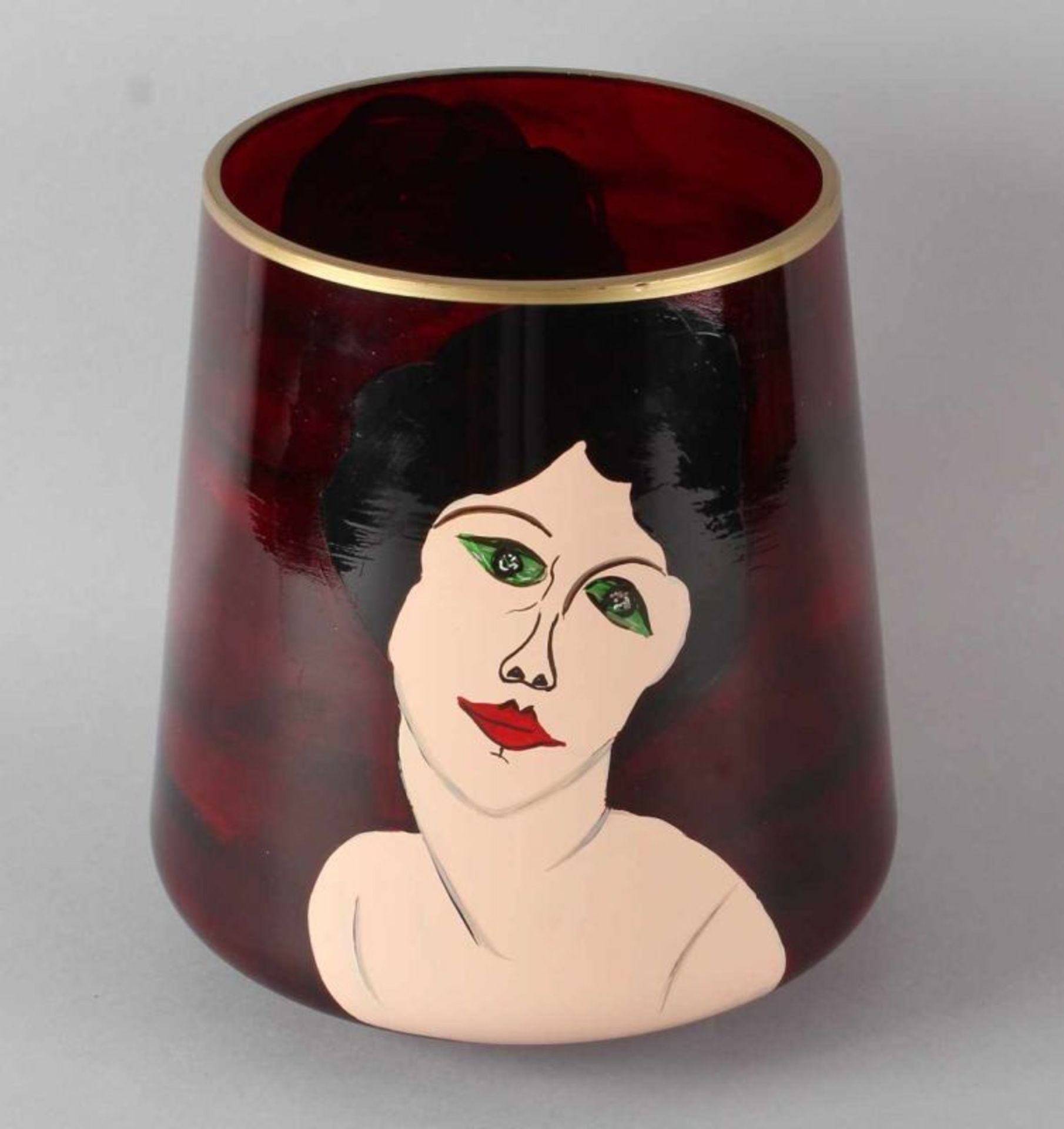 Moderne Hand bemalt Glas-Vase, die im Stil von Modigliani Italien, 21. Jahrhundert 26x20øcm. Cond: G