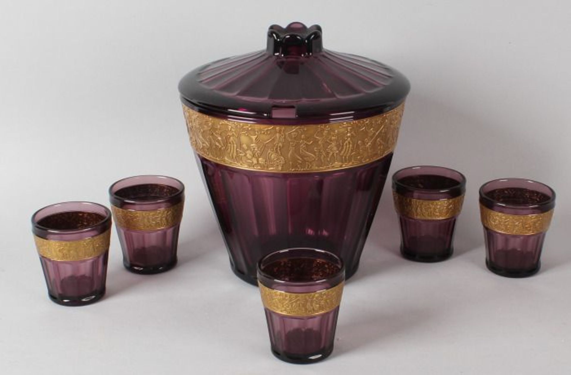 Art Deco Glas bowlset, Walther lila gefärbtes Glas mit Kupfereinfassung aufgetaucht um 1930, fünf