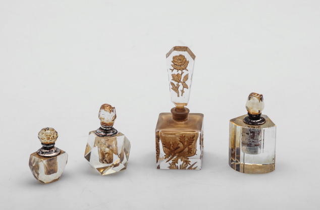 Crystal Perfume Bottles European, 19th century, cut crystal glass. A rare set of 4 perfume bottles