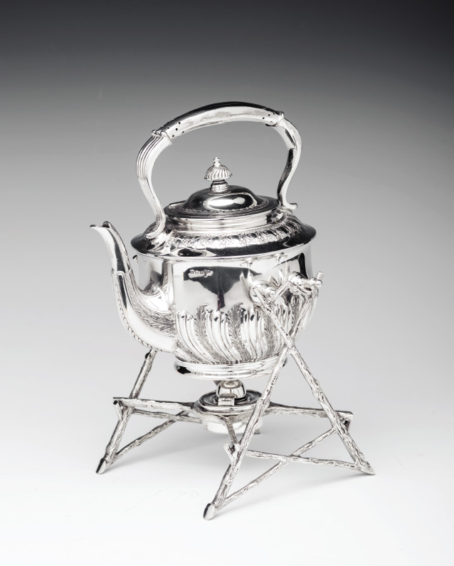 Sheffield Spirit Kettle English, 19th, silver-plated metal teapot with stand and heater.