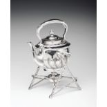 Sheffield Spirit Kettle English, 19th, silver-plated metal teapot with stand and heater.