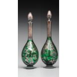 Set of Two Decanters Italian, 1950-60's made, green tinted glass on silver, decorated with floral