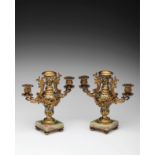 Pair of Enamel Candlesticks French, 19th century, gilded bronze, pair of candlesticks. A two arm