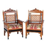 Pair of Ottoman Arm Chairs Ottoman, 19th century, carved walnut wood, mother of pearl inlaid