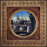 Glass Plate Ottoman, 19th century, Mosque and Adhan man glass plate. The plate is made utilizing the