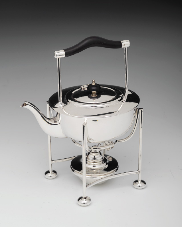 Spirit Kettle British, circa 1900, stamped WSS silver plated metal teapot and stand with heater.