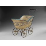 Toy Pram for Dolls 1900, German, braided basketweave, wrought iron, toy stroller.70x47x32 cm