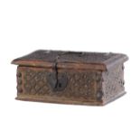 Islamic Jewelry Box 1700s, daisy motifs on carved wood, strap hinges, top handle, fornt lock and