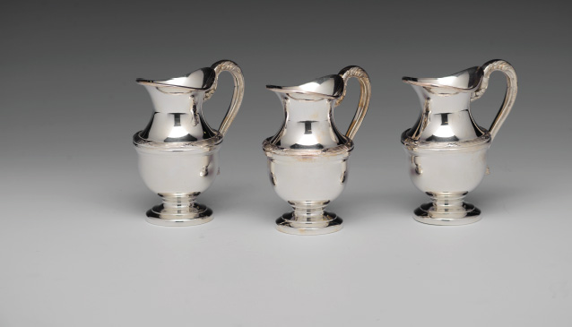 Three Piece Creamer & Sauce Small Jugs. Set of three, French, stamped EUROPE - FELIX, silver-