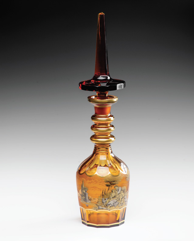 Bohemian Bottle French, tall, rare bohemian glass bottle depicting scenes of European life and