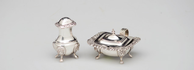 Salt & Sauce Set British, 19th century, stamped Sheffield. Silver-plated set with Bohemian glass
