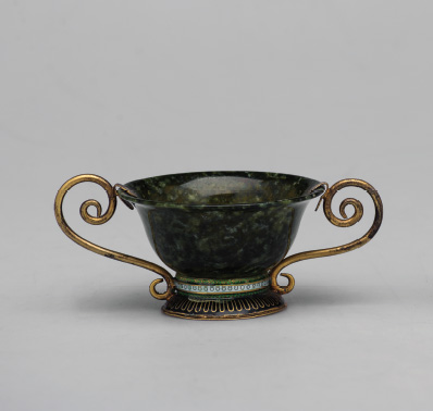 Jade Grail Chinese, natural Jade grail featuring applique brass handles and enamel bowl .15x6 cm