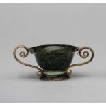 Jade Grail Chinese, natural Jade grail featuring applique brass handles and enamel bowl .15x6 cm