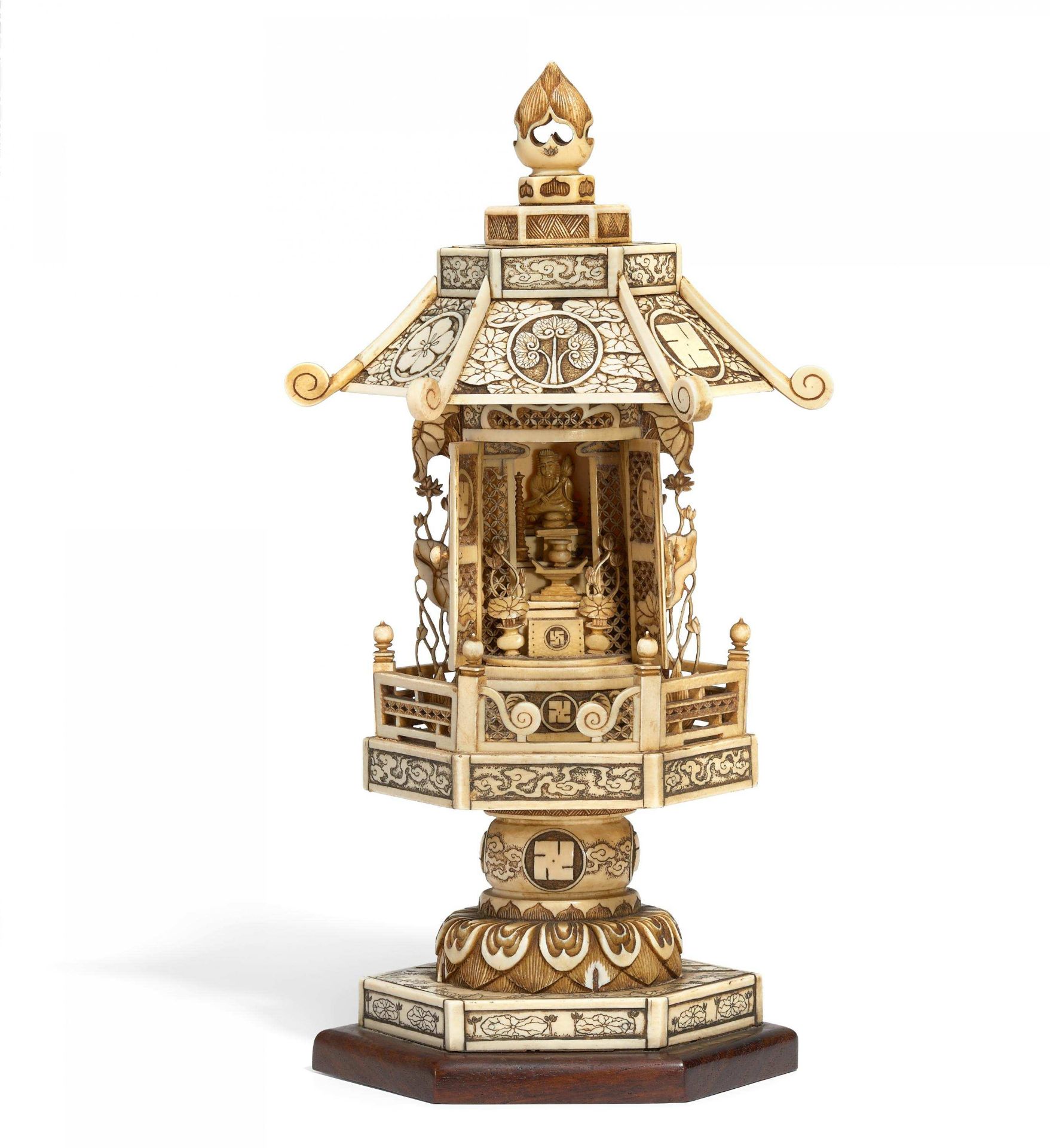 SHRINE OF DENGYÔ DAISHI SAICHÔ. Japan. Meiji period. About 1900. Bone, finely carved and graved. The