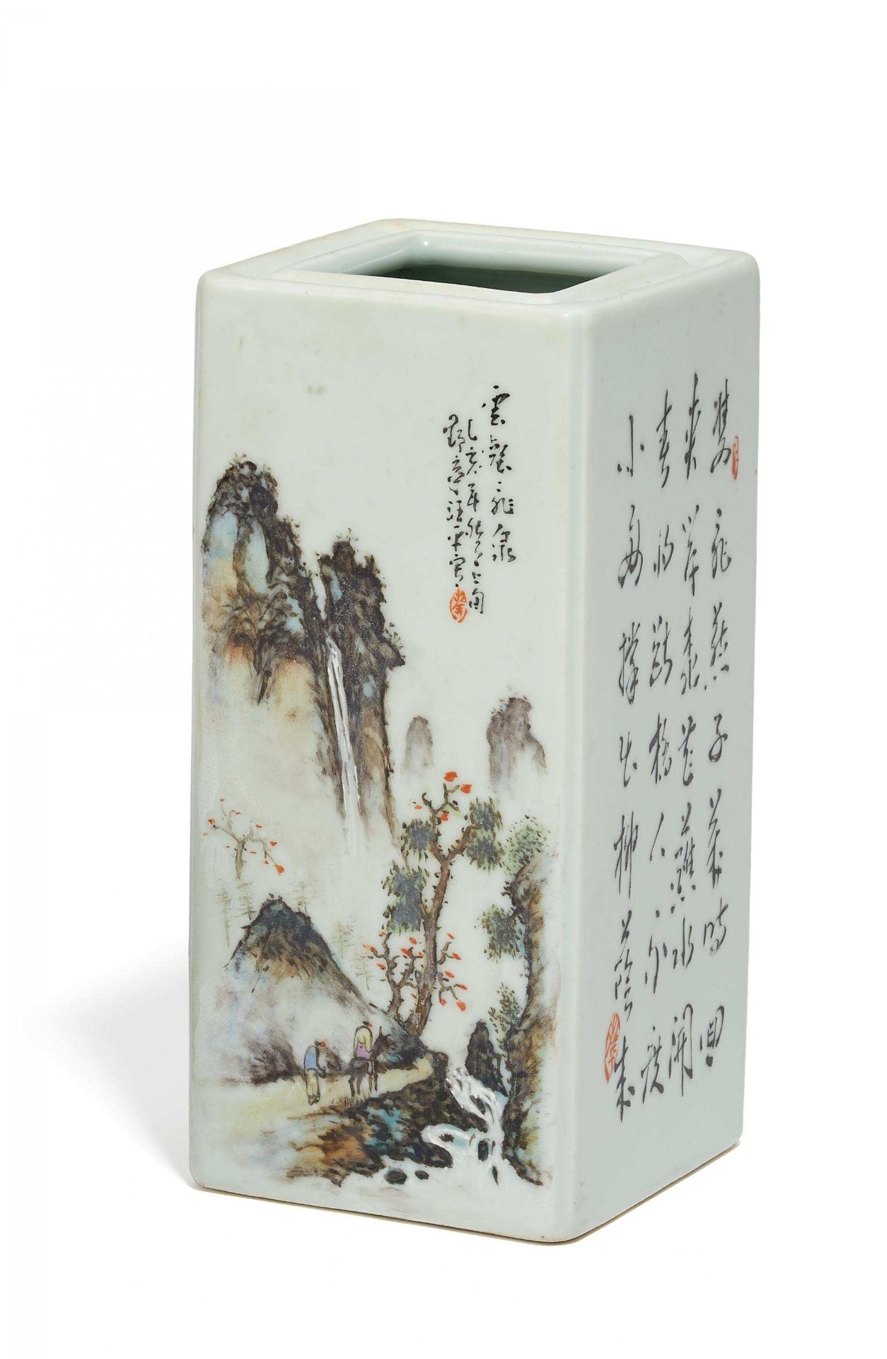 BRUSH POT. LANDSCAPES AND POEMS. China. Cyclical dated 1935. Wang Yeting (1884-1942). Porcelain with