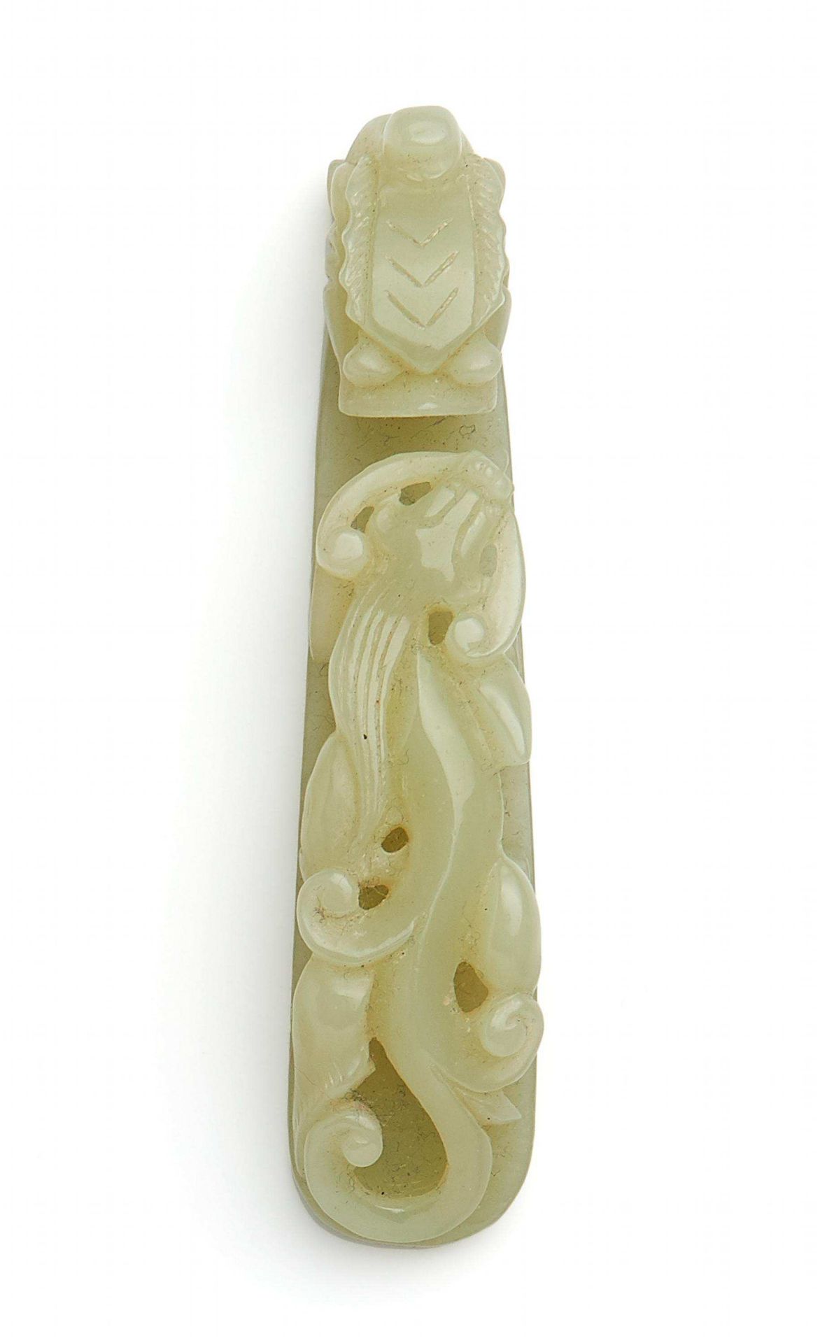 BELT HOOK WITH CHILONG DRAGON. China. Light green, uniform jade. The hook with a dragon head, the