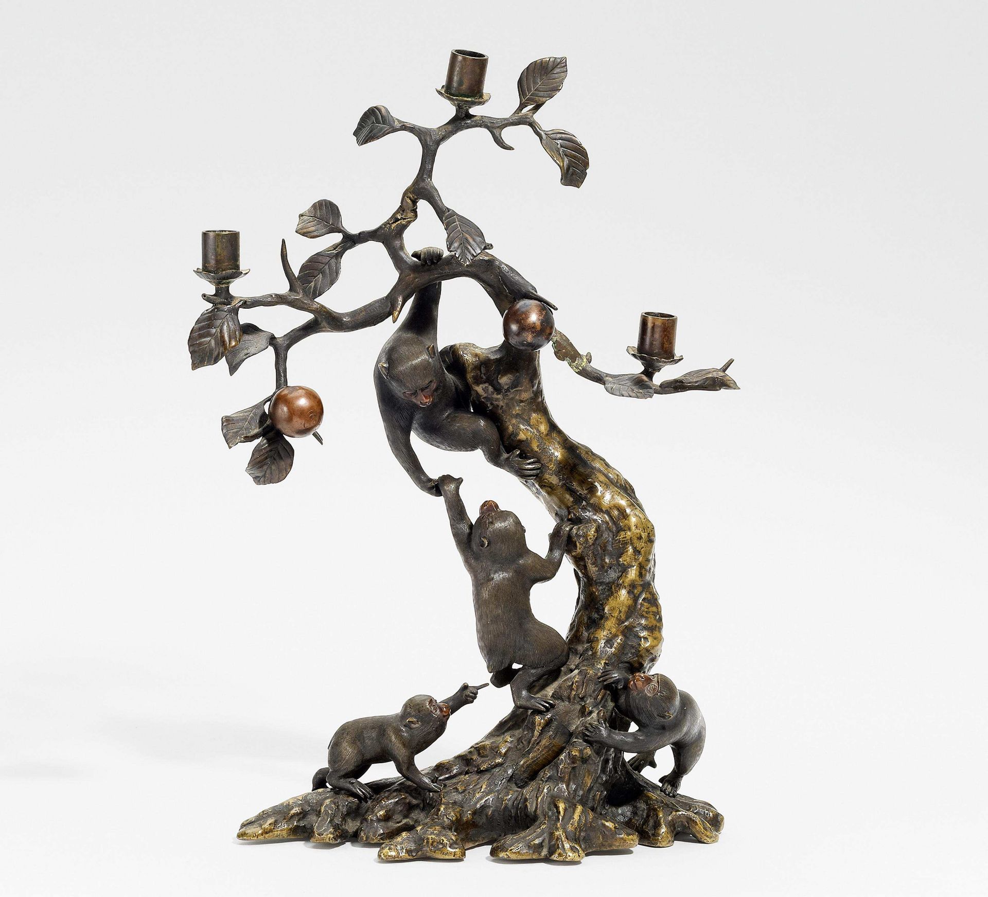 PEACH TREE WITH FOUR MONKEYS. Japan. Meiji period. Around 1900. Bronze and copper alloy with dark