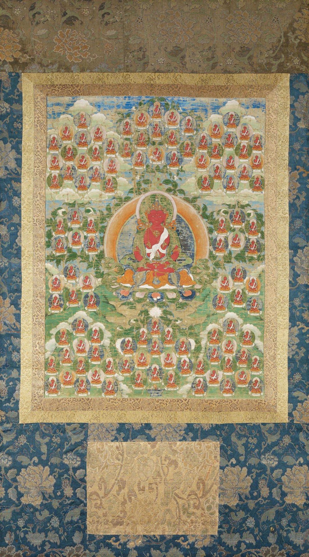 THANGKA OF BUDDHA AMITAYUS AND 108 BUDDHAS. Tibet. 17th/18th c. Colors and gold on fabric, framed