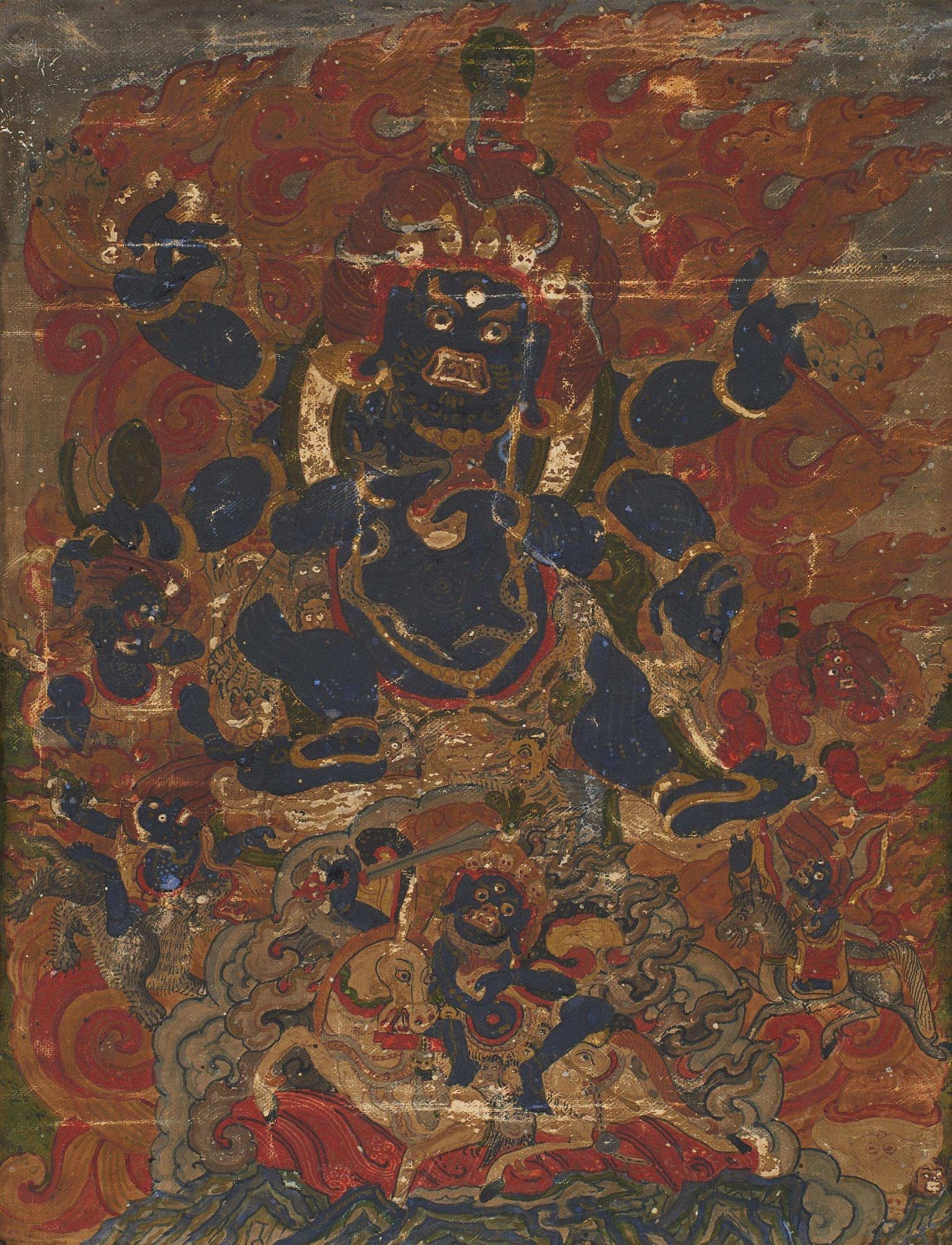 SMALL SCALE THANGKA OF MAHAKALA. Tibet. Probably 16./17. c. Color on fabric, with silk mounted as
