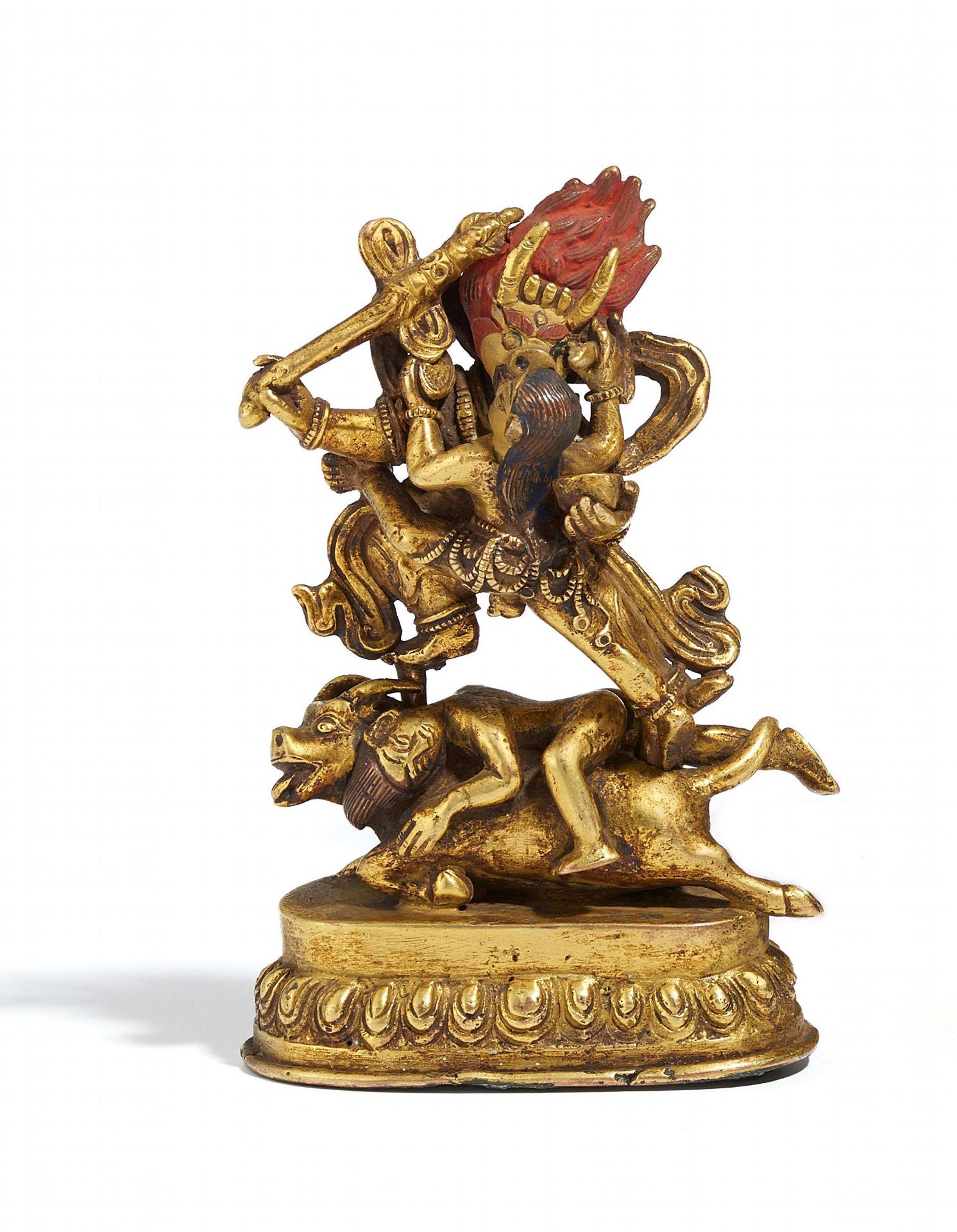 YAMA WITH YAMUNA. Tibet. 18th/19th c. Brass with fire gilding, painted with pigments and gold.