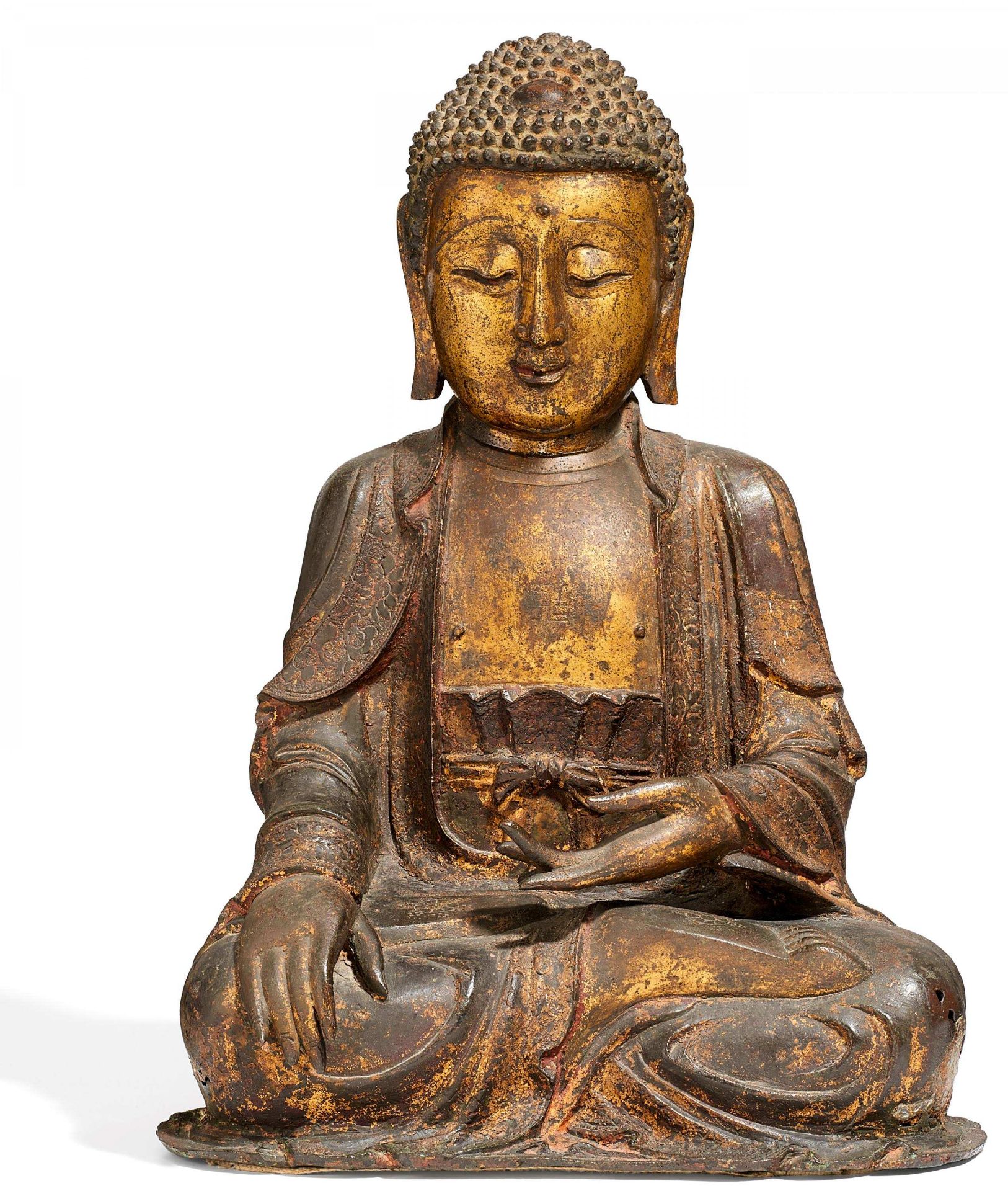 BUDDHA SHAKYAMUNI. China. Qing dynasty. 17th c. Bronze with black lacquer, gilding and traces of
