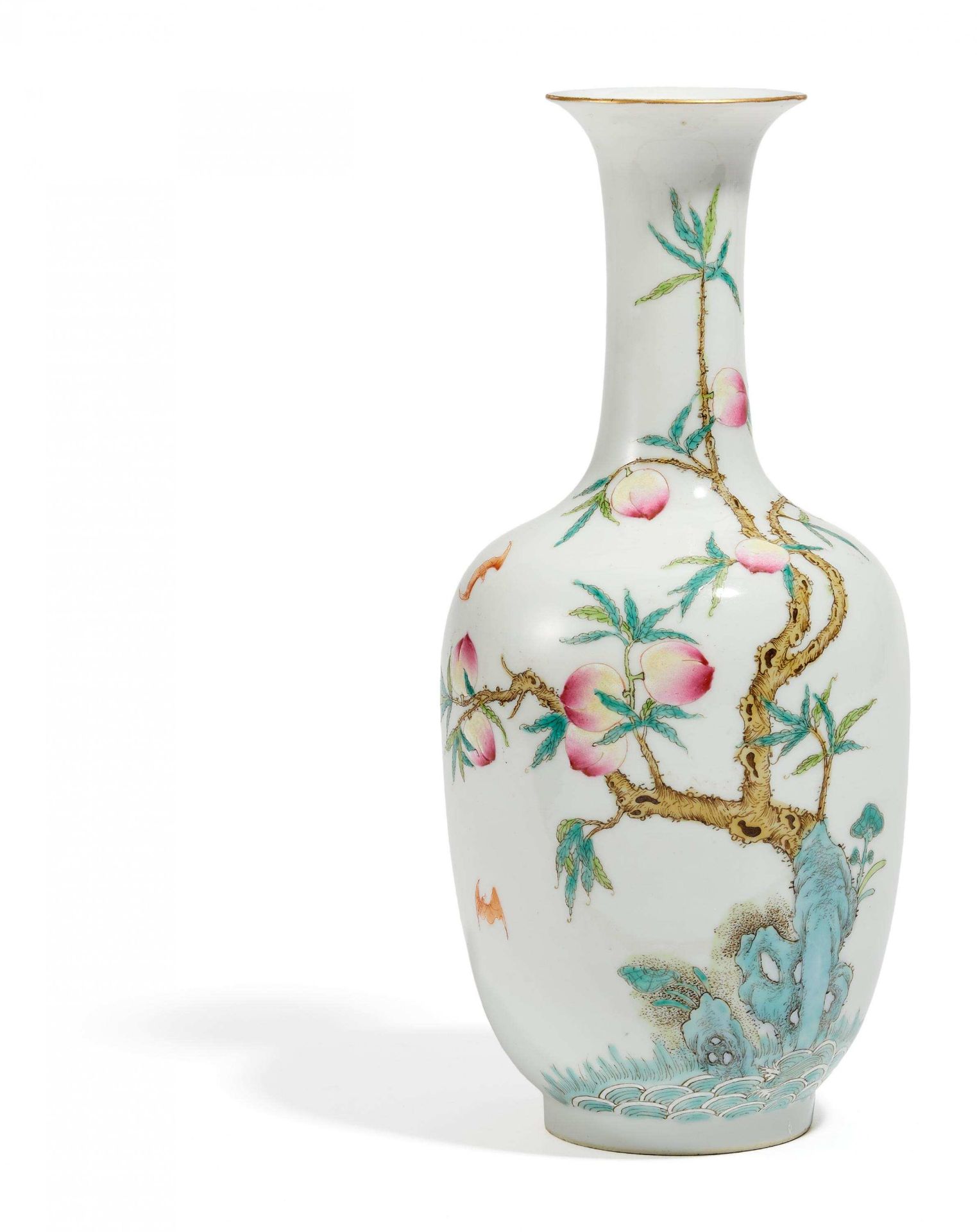 LONG NECKED VASE WITH NINE PEACHES. China. Qing dynasty. Jiaqing period (1796-1820) or later.